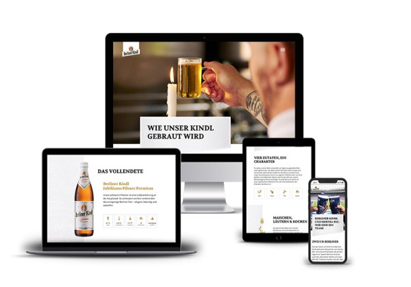 Verschiedene Geräte zeigen eine Webseite mit Informationen über Bierherstellung.