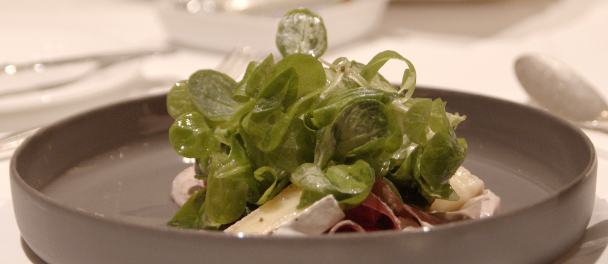 Ein frischer Salat mit grünen Blättern und rotem Gemüse liegt auf einem grauen Teller.