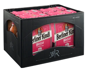 Getränkekasten mit vier Sixpacks der Sorte Berliner Kindl Weisse Himbeere. Sechs Bierflaschen sind jeweils ein Sixpack.