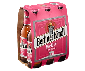 Sechs Bierflaschen der Sorte Himbeere in einem Papierträger der Marke Berliner Kindl Weisse.