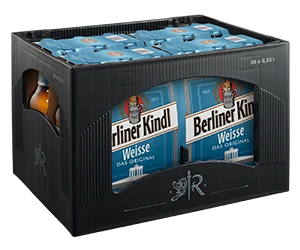 Getränkekasten mit vier Sixpacks der Sorte Berliner Kindl Weisse Original. Sechs Bierflaschen sind jeweils ein Sixpack.