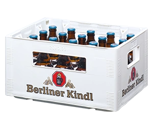 Getränkekasten der Marke Berliner Kindl mit zwanzig Steinie-Flaschen der Sorte Weisse Das Original.