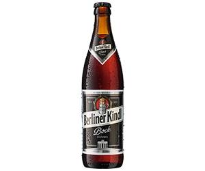0,5 Liter Bierflasche mit Berliner Kindl Schriftzug. Darunter der Sortenname Bock Dunkel.