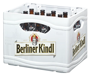 Getränkekasten der Marke Berliner Kindl mit zwanzig Flaschen der Sorte Bock Dunkel.