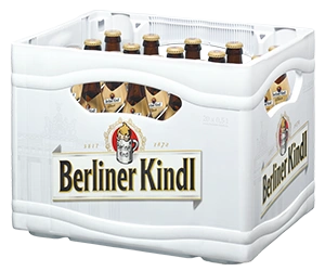 Getränkekasten der Marke Berliner Kindl mit zwanzig Flaschen der Sorte Bock Hell.