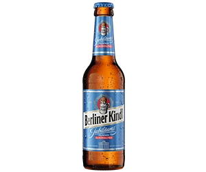 0,33 Liter Bierflasche mit Berliner Kindl Schriftzug. Darunter der Sortenname Jubiläums Pilsener Alkoholfrei.