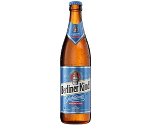0,5 Liter Bierflasche mit Berliner Kindl Schriftzug. Darunter der Sortenname Jubiläums Pilsener Alkoholfrei.