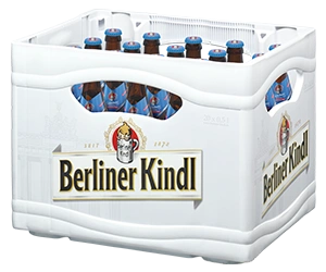 Getränkekasten der Marke Berliner Kindl mit zwanzig Flaschen der Sorte Jubiläums Pilsener Alkoholfrei.