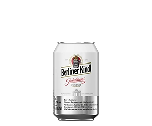 0,33 Liter Bierdose mit Berliner Kindl Schriftzug in der Mitte. Darunter der Sortenname Jubiläums Pilsener.