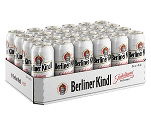 Dosentray der Marke Berliner Kindl mit vierungzwanzig Dosen der Sorte Jubiläums Pilsener.