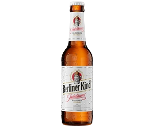 0,33 Liter Bierflasche mit Berliner Kindl Schriftzug. Darunter der Sortenname Jubiläums Pilsener.