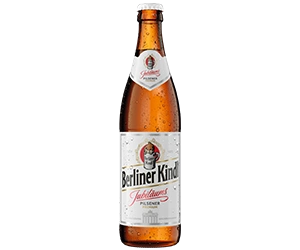 0,5 Liter Bierflasche mit Berliner Kindl Schriftzug. Darunter der Sortenname Jubiläums Pilsener.