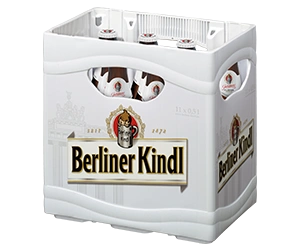 Getränkekasten der Marke Berliner Kindl mit elf Flaschen der Sorte Jubiläums Pilsener.