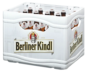 Getränkekasten der Marke Berliner Kindl mit zwanzig Flaschen der Sorte Jubiläums Pilsener.
