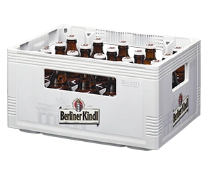 Getränkekasten der Marke Berliner Kindl mit zwanzig Steinie-Flaschen der Sorte Jubiläums Pilsener.