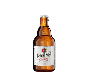 0,33 Liter Steinie-Bierflasche mit Berliner Kindl Schriftzug. Darunter der Sortenname Jubiläums Pilsener.