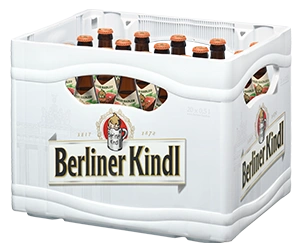 Getränkekasten der Marke Berliner Kindl mit zwanzig Flaschen der Sorte Natur Radler Grapefruit.
