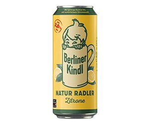 0,5 Liter Bierdose mit Berliner Kindl Schriftzug. Darunter der Sortenname Natur Radler Zitrone.