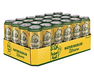Dosentray der Marke Berliner Kindl mit vierungzwanzig Dosen der Sorte Natur Radler Zitrone.