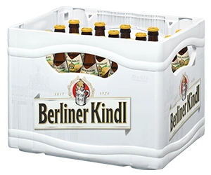 Getränkekasten der Marke Berliner Kindl mit zwanzig Flaschen der Sorte Natur Radler Zitrone.